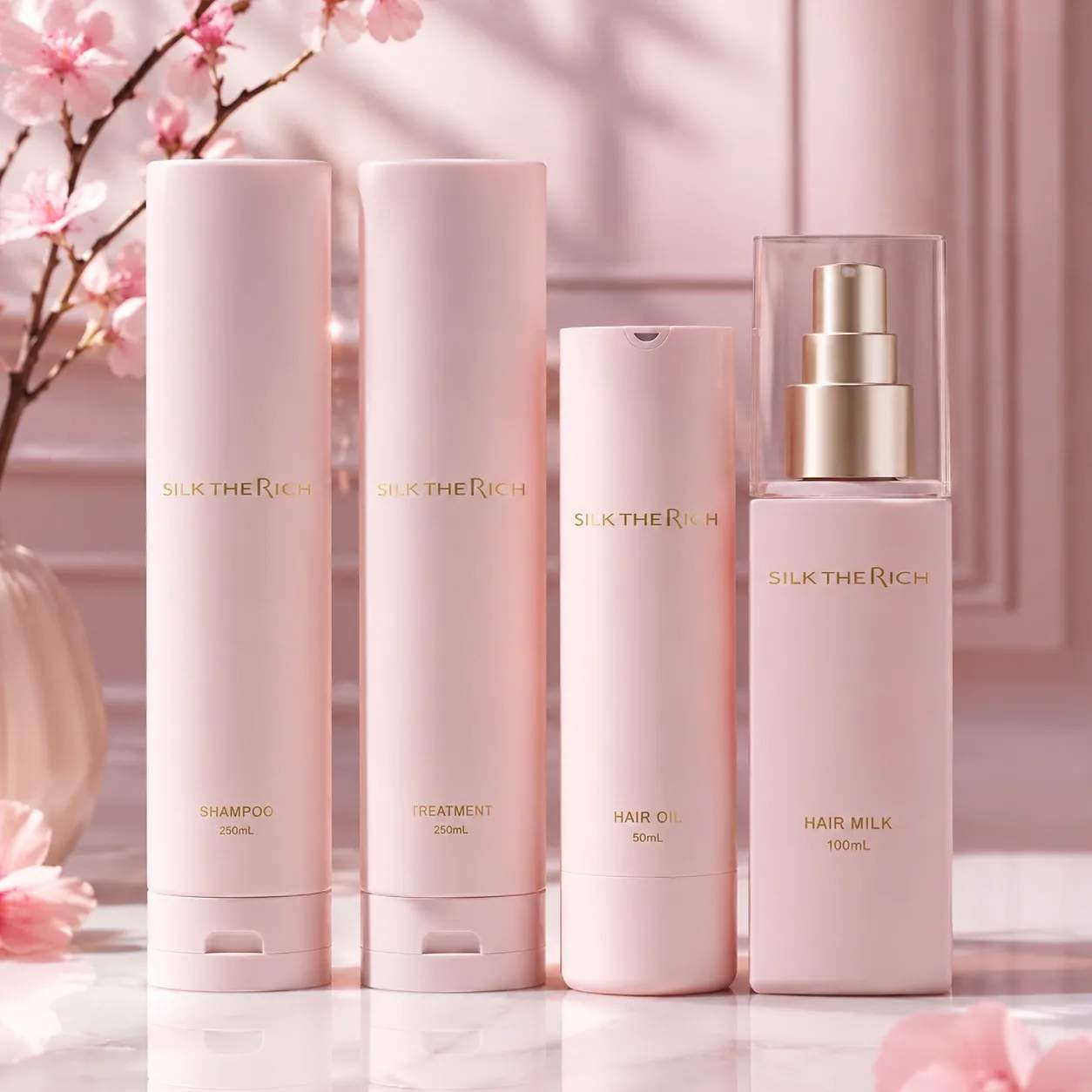 SILK THE RICH Pink Moist & Repair Shampoo, Treatment, Oil & Hair Milk package photo